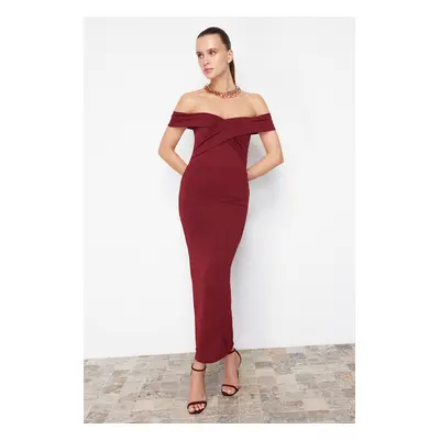 Trendyol Burgundy Fitted Glittering Window/Cut Out Detailed Glitter Knitted Elegant Evening Dres