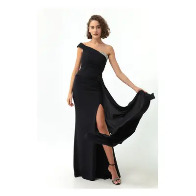 Lafaba Women's Black One-Shoulder Long Evening Dress with Stones.