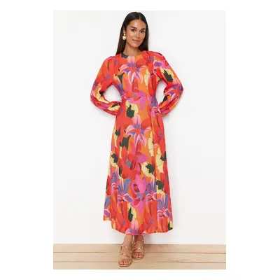 Trendyol Red Floral Patterned Woven Linen Look Dress