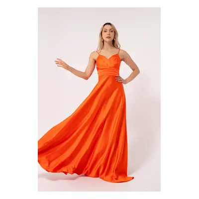 Lafaba Women's Orange Long Satin Evening Dress & Prom Dress with Thread Straps and Waist Belt