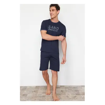 Trendyol Navy Blue Crew Neck Regular Fit Pajama Set with Knitted Shorts