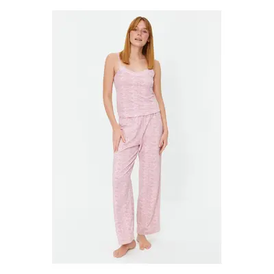 Trendyol Powder Cotton Striped Lace Detailed Rope Strap Knitted Pajama Set