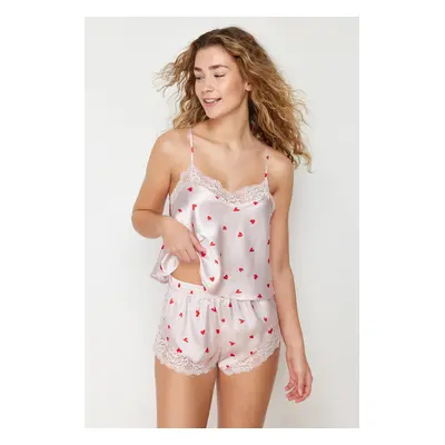 Trendyol Powder Satin Heart Lace Detailed Rope Strap Woven Pajama Set