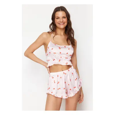 Trendyol Powder-Multi-Colored Cherry Patterned Satin Woven Pajama Set with Ruffles and Back Rope