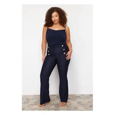 Trendyol Curve Navy Blue Bell-bottom Stylish Buttoned Woven Gathering Plus Size Fabric Trousers