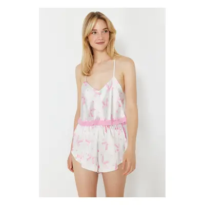 Trendyol Pink Ribbon/Bow Patterned Lace Detailed Rope Strap Crop Satin Woven Pajama Set