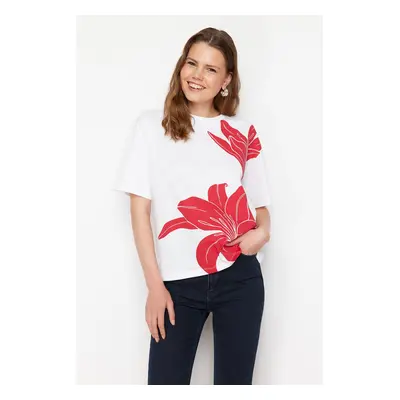 Trendyol White 100% Cotton Flower Printed Relaxed Knitted T-Shirt