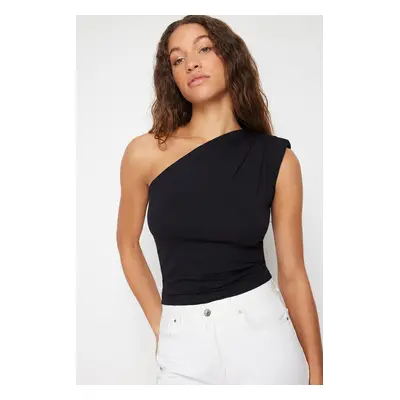 Trendyol Black Asymmetric One-Shoulder Waistband Elastic Knitted Blouse