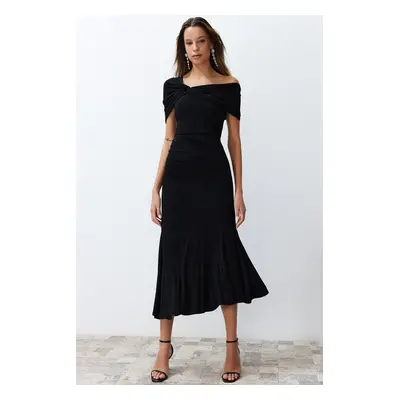 Trendyol Black Asymmetric Collar Knitted Elegant Evening Dress