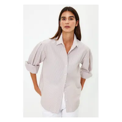 Trendyol Beige Basic Striped Oversize Wide Fit Woven Shirt