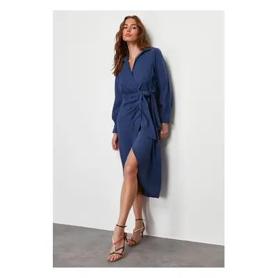 Trendyol Indigo Double Breasted Tie Detailed Midi Woven Dress