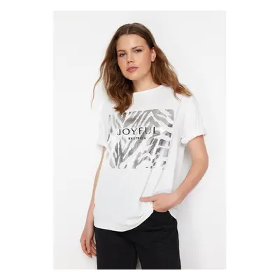 Trendyol White 100% Cotton Foil and Slogan Printed Knitted T-Shirt