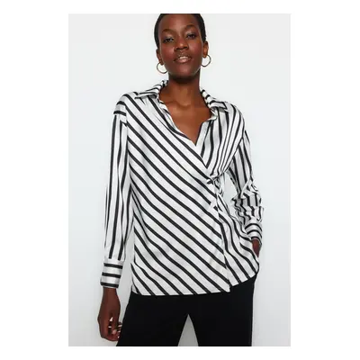 Trendyol Black Striped Double Breasted Satin Woven Shirt