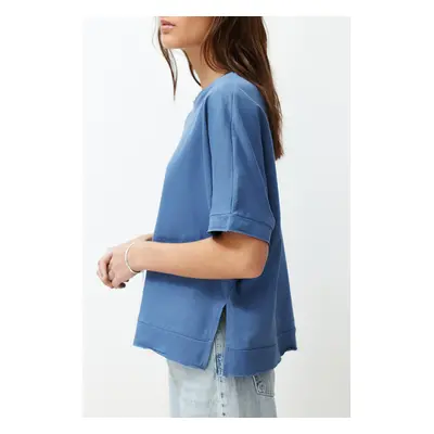 Trendyol Indigo 100% Cotton Slit and Slit Detailed Oversize/Relaxed Cut Knitted T-Shirt