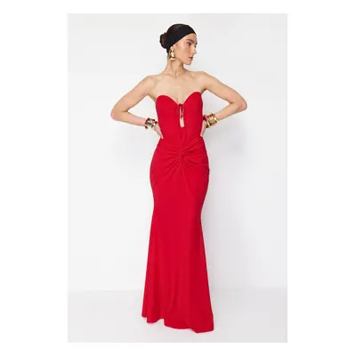 Trendyol X Zeynep Tosun Red Fish Knitting Detailed Long Evening Dress & Graduation Dress