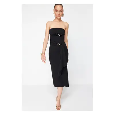 Trendyol X Zeynep Tosun Black Knitted Snake Accessory Detailed Elegant Evening Dress