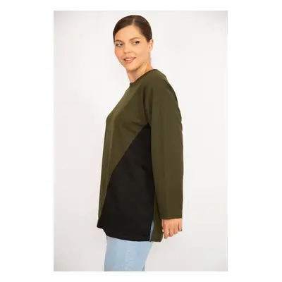 Şans Women's Plus Size Khaki Color Combined Long Sleeve Tunic