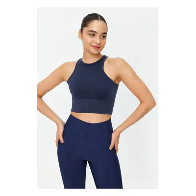 Trendyol Navy Blue Seamless Crop Wash Barbell Neck Knitted Sports Top/Blouse