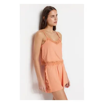 : Trendyol Salmon Lace Rope Strap Knitted Pajama Set with Shorts