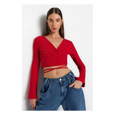 Trendyol Red Ribbed Fitted Long Sleeve Double Breasted Crop Cotton Stretch Knitted Blouse