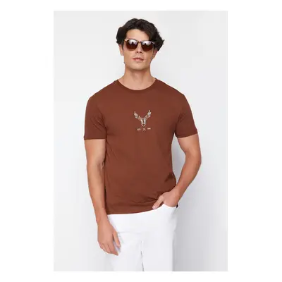 Trendyol Dark Brown Regular Cut Deer Embroidered 100% Cotton T-Shirt