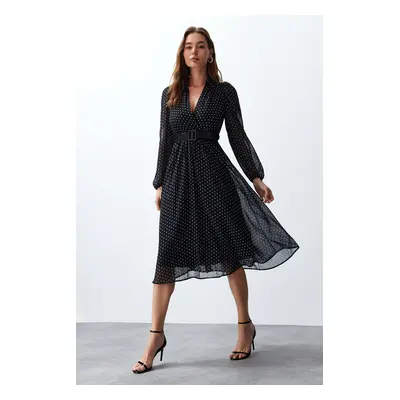 Trendyol Black Belted Polka Dot Chiffon Lined Midi Woven Dress