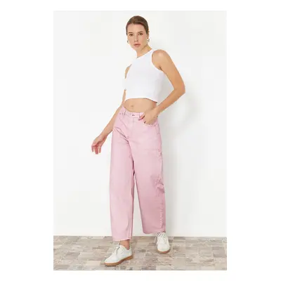 Trendyol Pink Striped High Waist Barrel Jeans