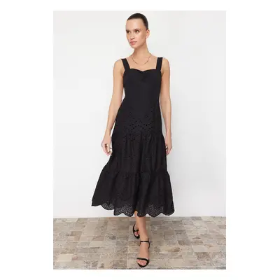 Trendyol Black Waist Opening Lined Midi Embroidery Woven Dress