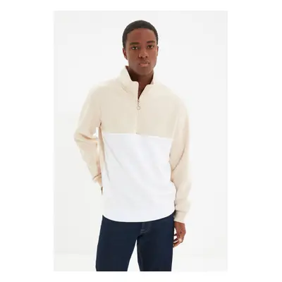 Trendyol Beige Regular/Normal Cut Stand-Up Collar Paneled Zipper Inside Fleece/Warm Sweatshirt