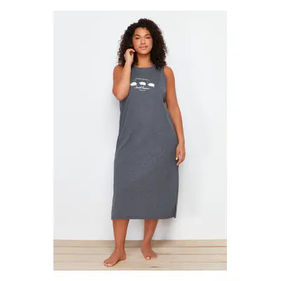 Trendyol Curve Anthracite Printed Midi Oversized Knitted Nightgown