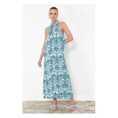 Trendyol Blue Shawl/Ethnic Patterned Straight Cut Halter Collar Viscose Maxi Woven Dress