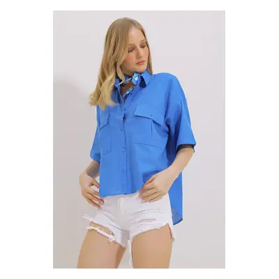 Trend Alaçatı Stili Women's Saxe Blue Double Pocket Half Sleeve Linen Shirt