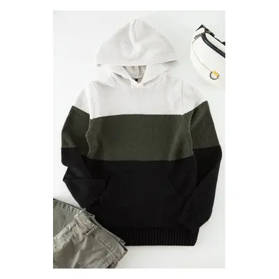 Trendyol Khaki Regular Fit Hooded Color Blocked Knitwear Sweater