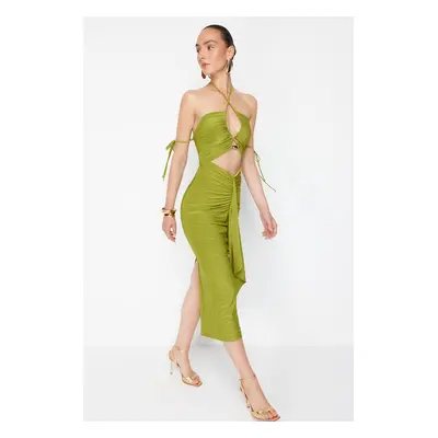 Trendyol X Zeynep Tosun Oil Green Elegant Evening Dress with Knitted Window and Accessory Detail