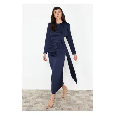 Trendyol Navy Blue Shawl Detailed Satin Evening Dress