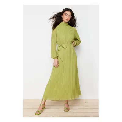 Trendyol Oil Green Pleated Woven Lined Chiffon Dress