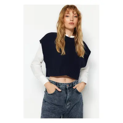 Trendyol Navy Blue Crop Crew nyaki kötöttáru Kötöttáru pulóver