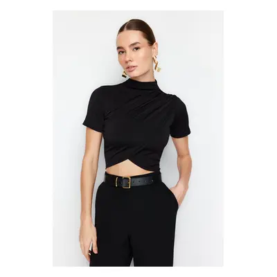 Trendyol Black High Collar Short Sleeve Draped Crop Blouse Knitted Blouse