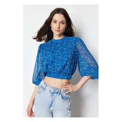 Trendyol Blue Floral High Collar Crop Woven Blouse