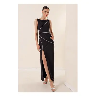 By Saygı Shiny Stone Detailed Sleeveless Slit Long Crepe Dress Black.