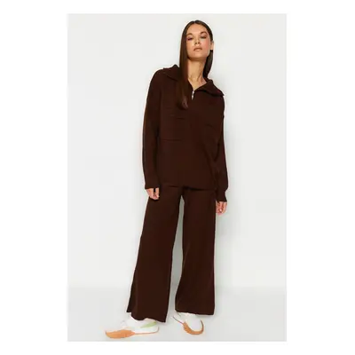 Trendyol Brown Wide Fit Zippered and Pocketed Knitwear Bottom-Top Set