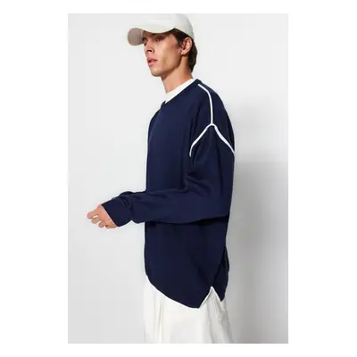 Trendyol Navy Blue Oversize Fit Wide Fit Crew Neck Piping Detailed Knitwear Sweater