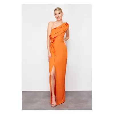 Trendyol Orange Flounced Single Sleeve Woven Long Evening Dress