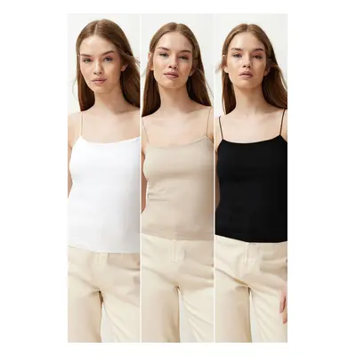 Trendyol Black-White-Beige 3-Pack Strappy Fitted Square Collar Flexible Knitted Tank Top