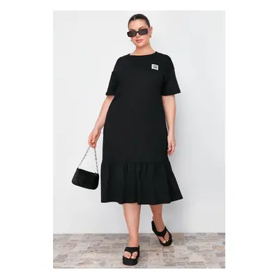 Trendyol Curve Black Skirt with Frills Label Detailed 100% Cotton Knitted Plus Size T-shirt Dres