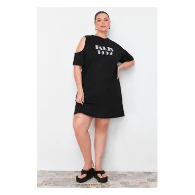 Trendyol Curve Black Glitter Print Detailed 100% Cotton Knitted Dress