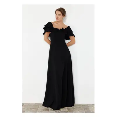 Trendyol Black A-Cut Flounce Woven Long Evening Dress