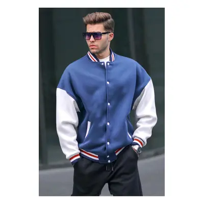 Madmext Navy Blue Oversize Printed College Jacket