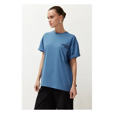 Trendyol Indigo 100% Cotton Slogan Printed Oversize/Wide Fit Short Sleeve Knitted T-Shirt