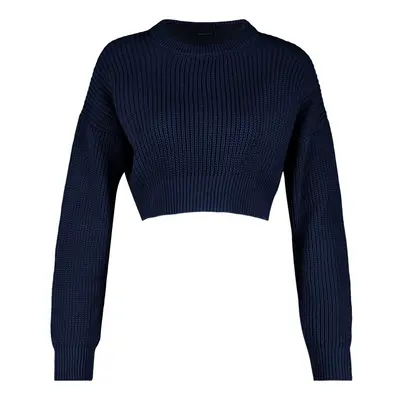 Trendyol Navy Blue Super Crop Crew nyakú kötöttáru pulóver